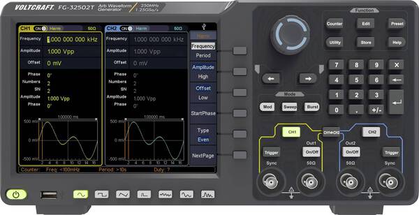 VOLTCRAFT FG-32502T Funktionsgenerator netzbetrieben 1 µHz - 250 MHz 2-Kanal Arbiträr, Rauschen, Puls, Rechteck, Sinus,