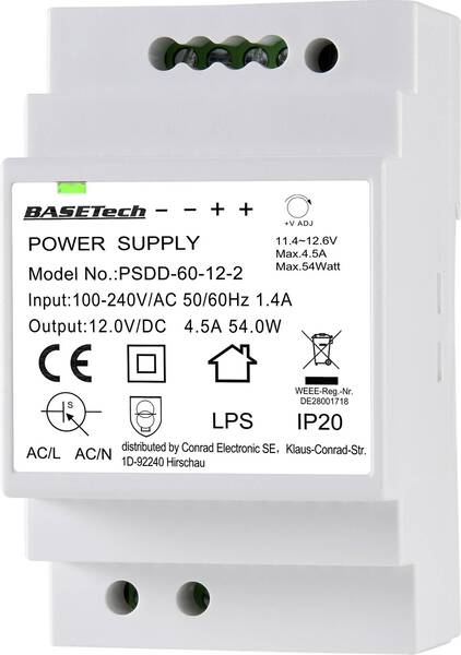 Basetech PSDD-60-12-2 Hutschienen-Netzteil (DIN-Rail) 12 V 4.5 A 54 W Anzahl Ausgänge:2 x Inhalt 1 St.