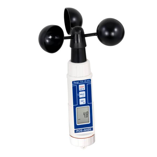 PCE Instruments Anemometer PCE-A420 |0,9 … 35,0 m/s |km/h |mph |ft/min |Knoten |inkl. Schalenkreuz |inkl. Speicher |IP65